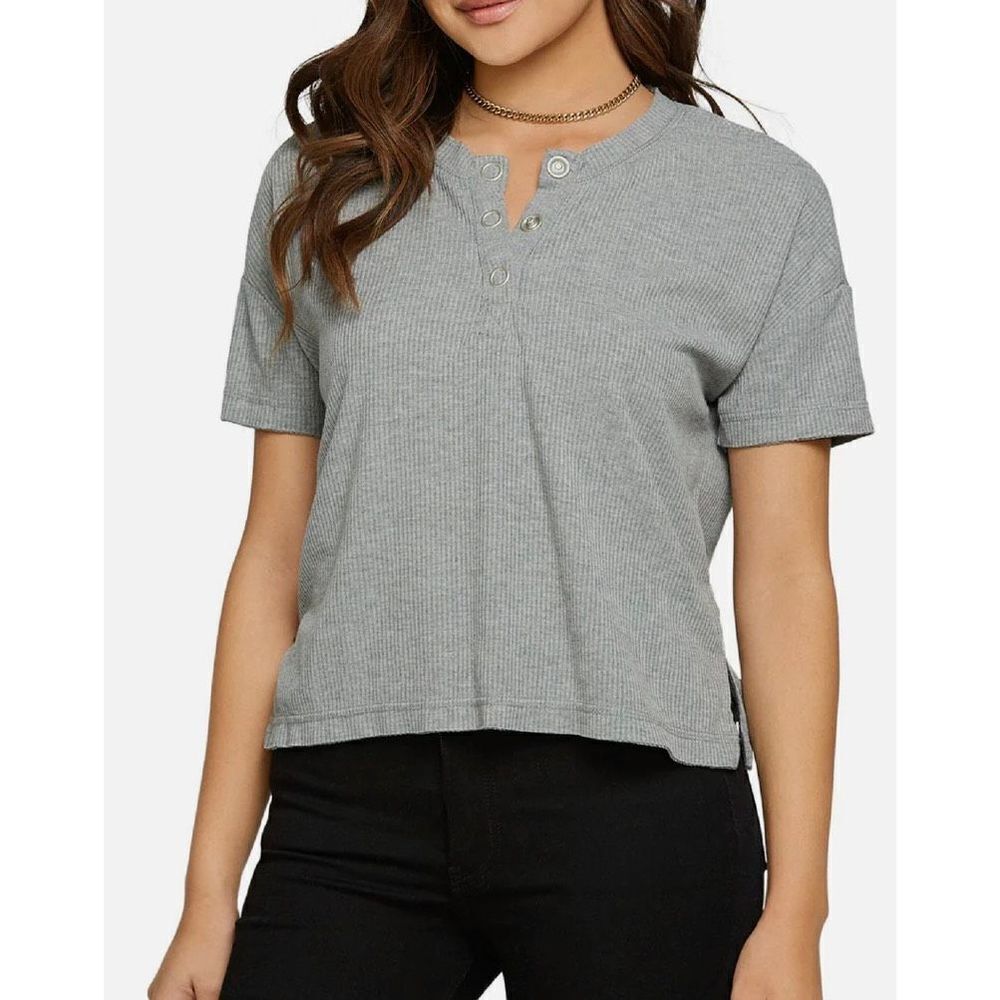 Chaser Cropped Top Button Front Short Sleeve Ribbed in Gray Womens Size Small
